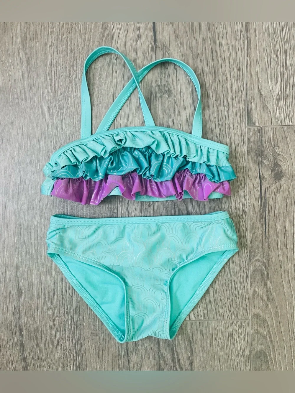 Cat & Jack Toddler Girl Bikini Swimsuit 5T Aqua Blue Ruffles Mermaid Summer
